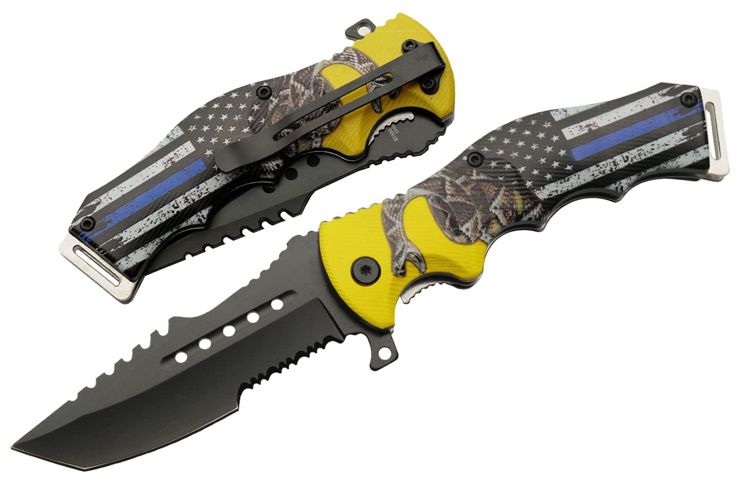 SZCO Supplies 8.5" Assisted Opening Folding Knife - Thin Blue Line EDC Utility Knife with Pocket Clip, Tactical Tanto Blade, Serrated Edge, Law Enforcement Tribute