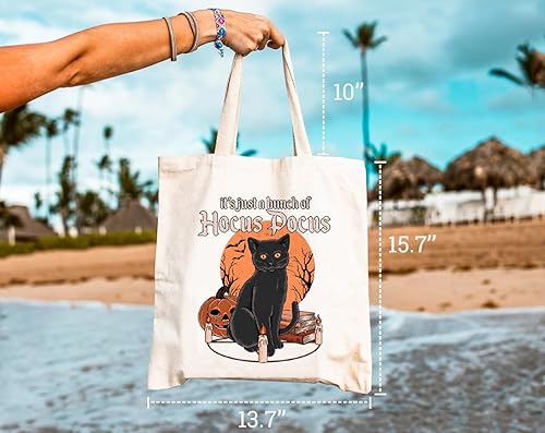 Miniatura 3 de Bolsa de lona con texto en inglés "It's Just A Bunch Of Hocus Pocus para mujeres" de Halloween, diseño de gato negro, reutilizable, bolsas de compras