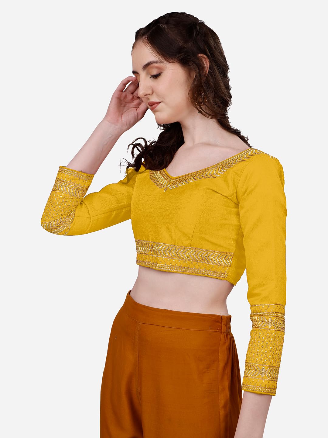 Pujia Mills Women's Milan Silk Heavy Embroidery With Sequins Worked Full Sleeve Fancy Saree Blouse Yellow(Charlie Yellow)