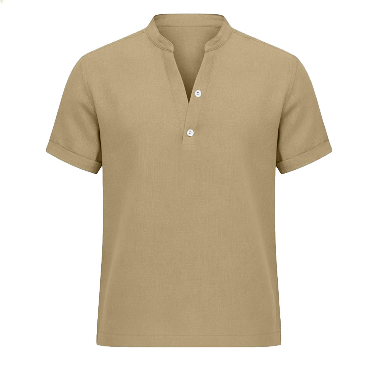 Chemise Homme en Lin Été Chemises à Manches Courtes Leger Respirant Décontractées Chemisier Coton Lin Col en V Couleur Unie Bouton T-Shirts de Plage Grande Taille Tops LâChe pour Casual Quotidien