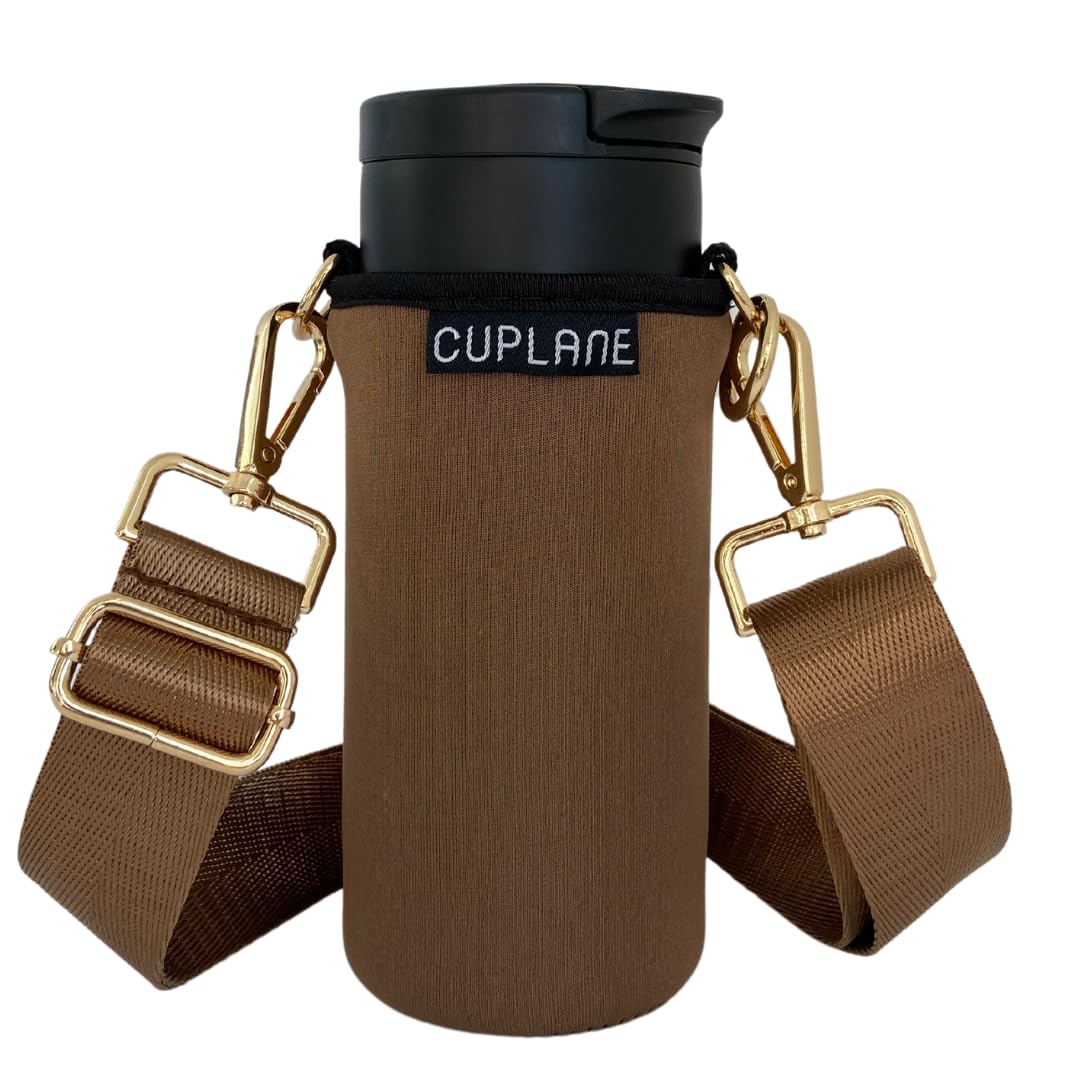 Becherhalter zum Umhängen - Set mit Thermobecher (350ml) Braun | Crossbody | Travel | Hund | Coffee ToGo | Thermobecher | Kinderwagen