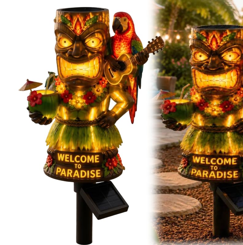 Tiki Parrot Solar Garden Stake Light, Weatherproof Resin Outdoor Landscape Ornament 45×15cm Easy Insert Lawn Path Decor with Warm Night Glow