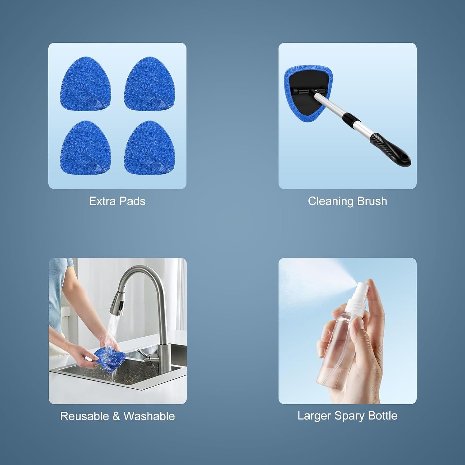 Car Windshield Cleaning Brush, Multifunctional Car Windshield Cleaning Brush Set‌ Car Cleaning kit with Retractable Handle, Microfiber Cloth, Spray Bottle, Suitable for All Cars(Blue)