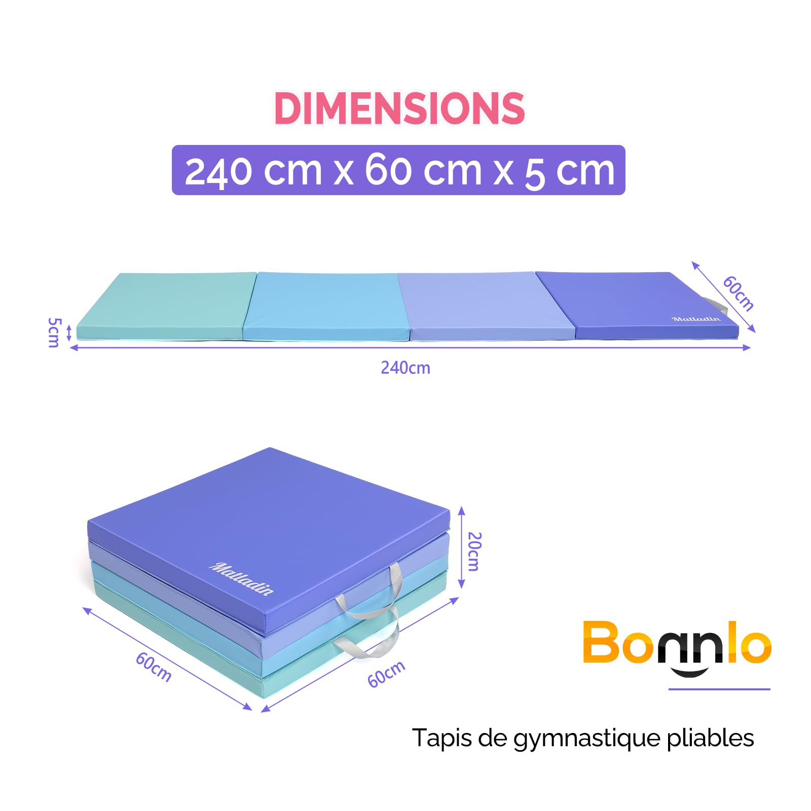 Bonnlo Tapis de Gymnastique Pliable, PU + EPE Épaissi, avec Poignée de Transport, Tapis de Sol Souple pour Enfants et Adultes