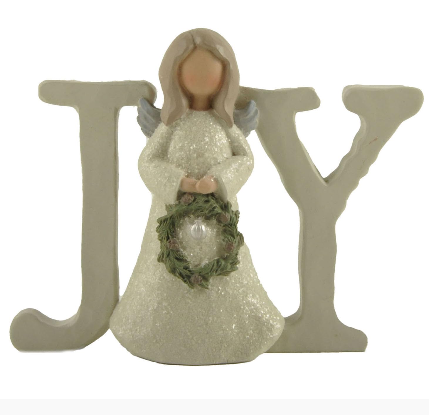 JOY Angel Figurine Christmas Decoration – Resin Letters with Angel Holding Wreath – Religious Christmas Ornament for Shelf, Mantel, Tabletop – 12cm Joy Sign Nativity Decor