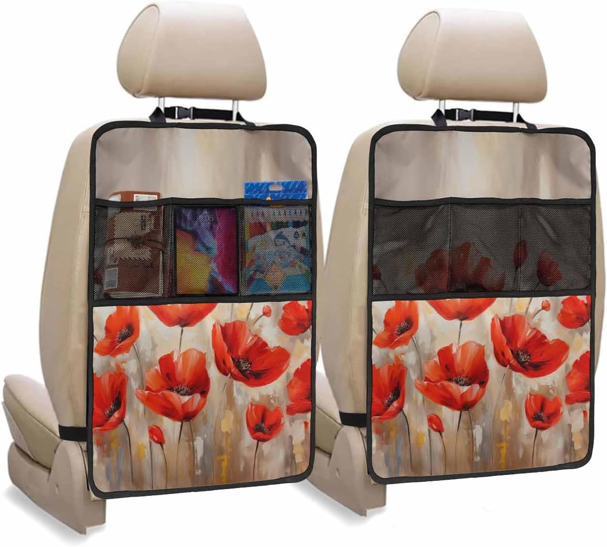T&H XHome Car Seat Protector, 2 Pack Kick Mats Back Seat Protector Spring Floral Watercolor Red Poppy Botanical Plant Waterproof Backseat Cover for Kids Universal Fit Automotive Interior Protectors