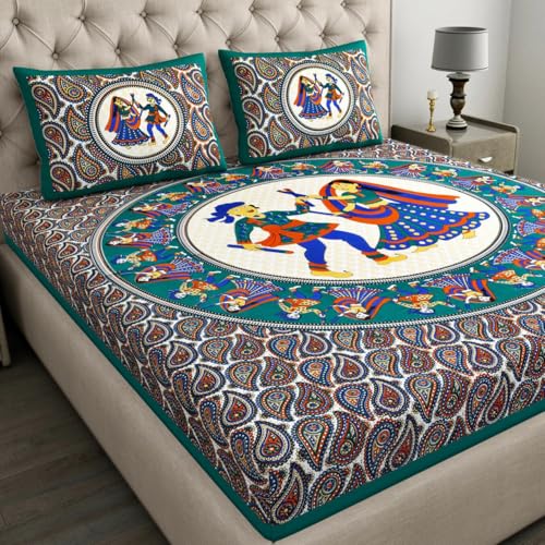 Image of JAIPUR PRINTS 100% Cotton Rajasthani Jaipuri Traditional Floral Queen Size Double Bedsheet with 2 Pillow Covers - Multicolor, 180-200 tc (Green)