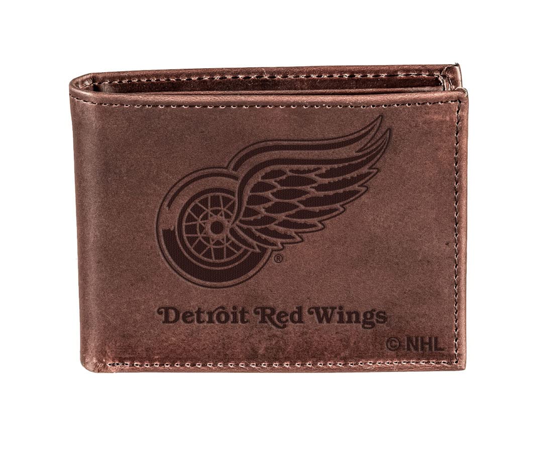 Team Sports America NHL Detroit Red Wings Brown Wallet | Bi-Fold | Officially Licensed Stamped Logo | Made of Leather | Money and Card Organizer | Gift Box Included
