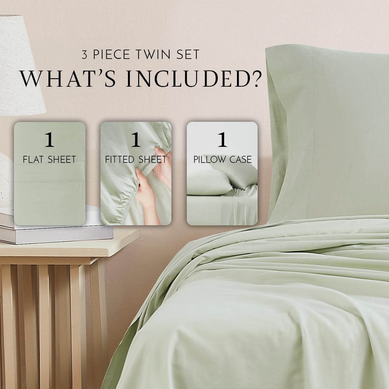 Linen Closet 100% Organic Cotton Twin Sheet 3 Pcs Set, Cotton Sheets with 16” Deep Pocket, Light Green | Bed Sheets for College Dorm Essential, Crisp & Breathable, Percale, Comfy, Naturally Cooling Twin Sheet Set Light Green