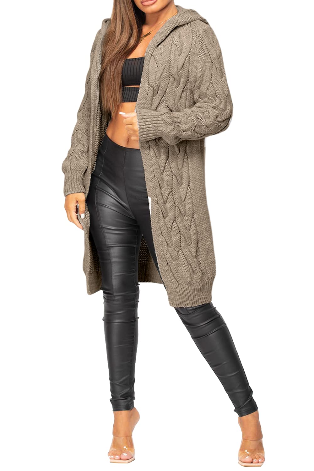 Gostyles Women's Mocha Gostyles® Cardigan Cable Open Front Knitted Oversized Long Hooded Chunky Jumper Cape Top Sweater Knitwear Loose Coat (, Xl)