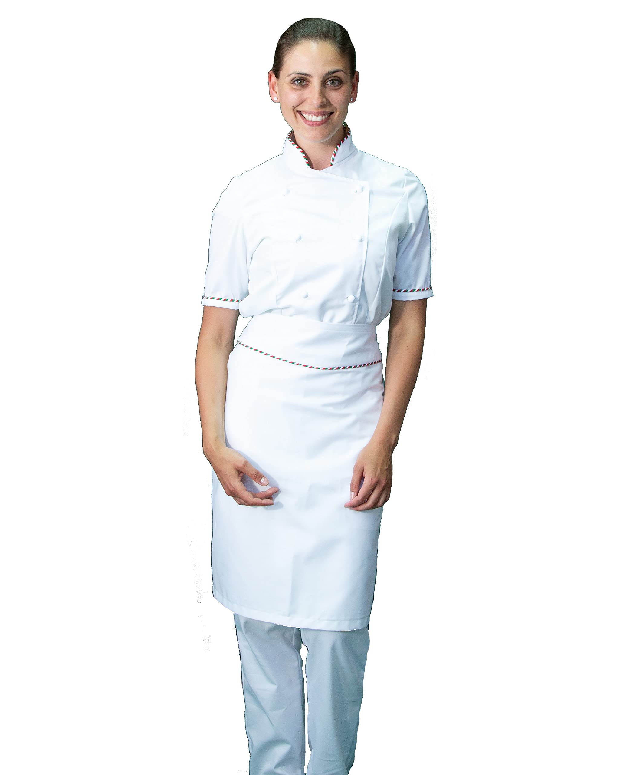 Ricamo Gratuito - Completo Cuoco Donna Bianco, Italia - Divisa Chef Personalizzabile M/C - Giacca, Pantaloni e Grembiule - Uniforme per Cucina e Ristorante - Made in Italy
