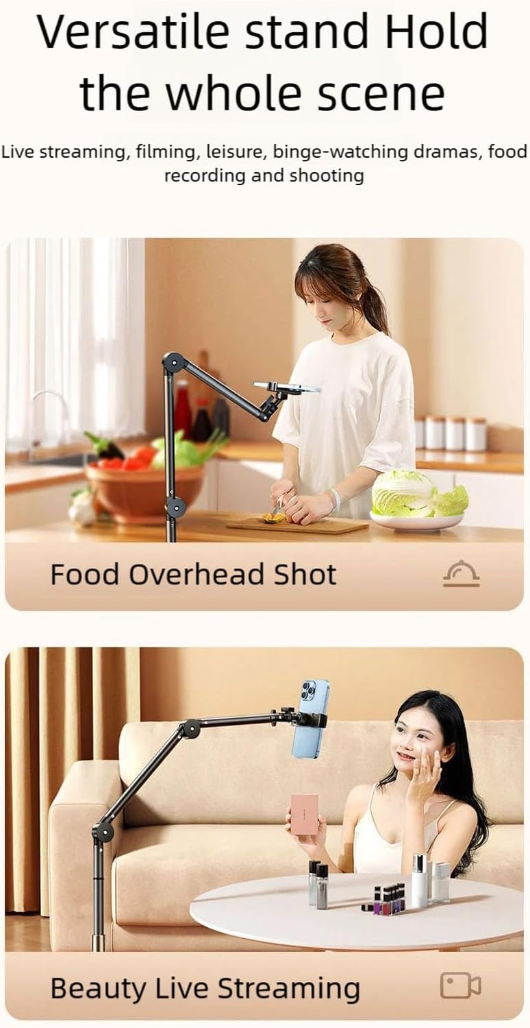 Adjustable Overhead Phone Mount with Arm Stable Aluminum Base for Vlogging Filming Setup ABS+Metal Suspension Boom Arm Multi Device Compatible Camera Mount Adjustable Video Arm Ergonomic Live for