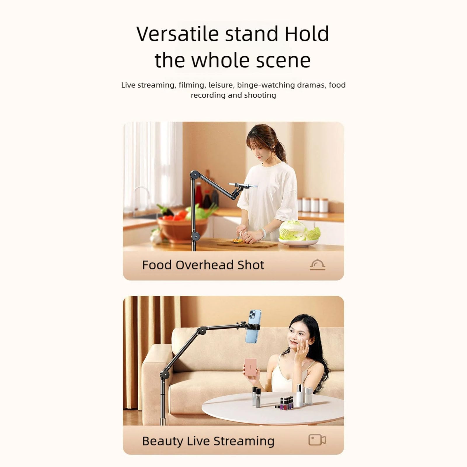 Brazo flexible multidireccional de sujeción para teléfono, soporte de suelo para creador de contenido, durabilidad, base de metal ABS, configuración rápida, soporte de suspensión ABS+metal, compatible