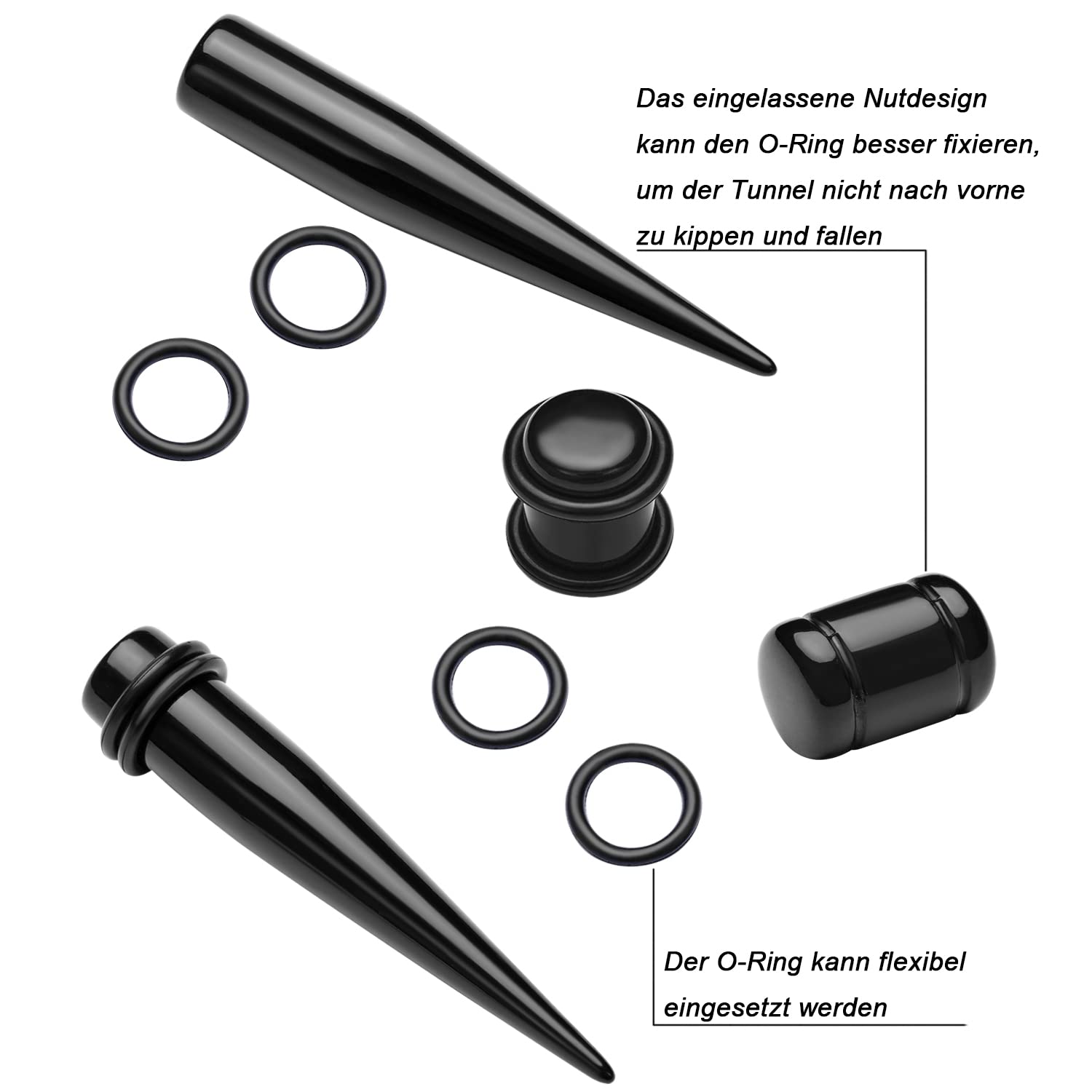 Huacan 50-częściowy zestaw do rozciągania uszu – rozciągacze do uszu stożki 1,6 mm – 10 mm + tunele silikonowe 3–12 mm