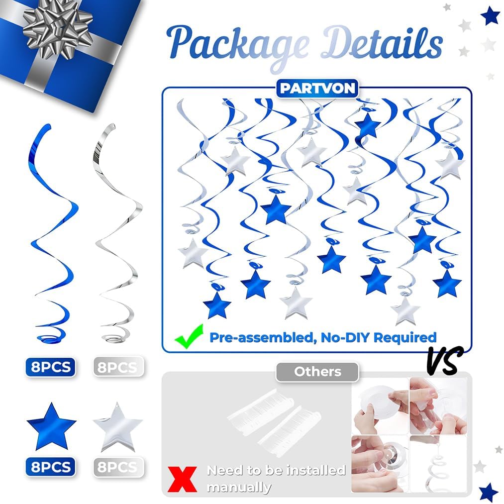 2026 Graduation Decorations Hanging Swirls - Pack of 32 Blue Silver Hanging Ceiling Decor with Stars, Plastic Streamers for Graduation Party, Birthday, Baby Shower Party Supplies