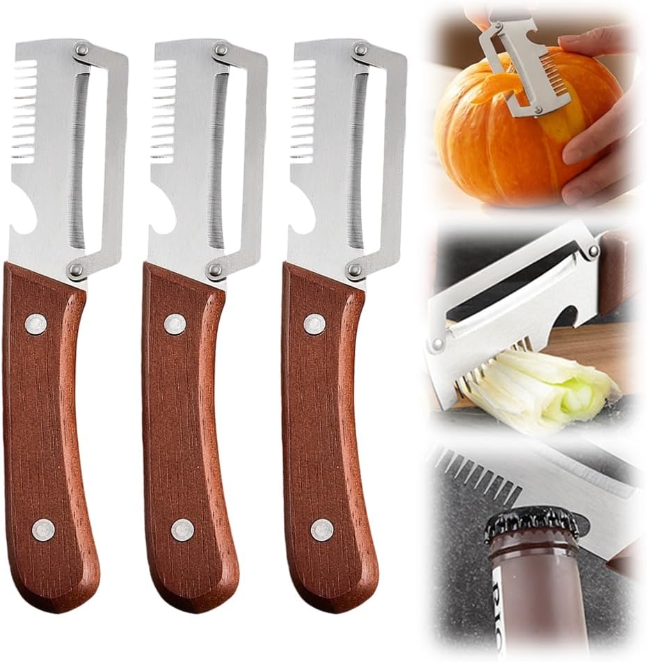 Multi-Functional Vegetable Peeler for Kitchen, 3 in 1 Stainless Steel Blade with Wooden Handle & Bottle Opener & Grater, Heavy Duty Peeler for Carrot Apple Pumpkin (3PCS)