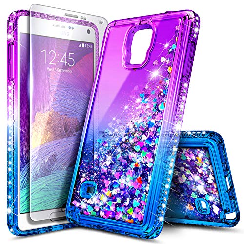 NageBee Glitter Liquid Sparkle Bling Floating Quicksand Waterfall Diamond Case, Purple/Blue for Samsung Galaxy Note 4 with Tempered Glass Screen Protector