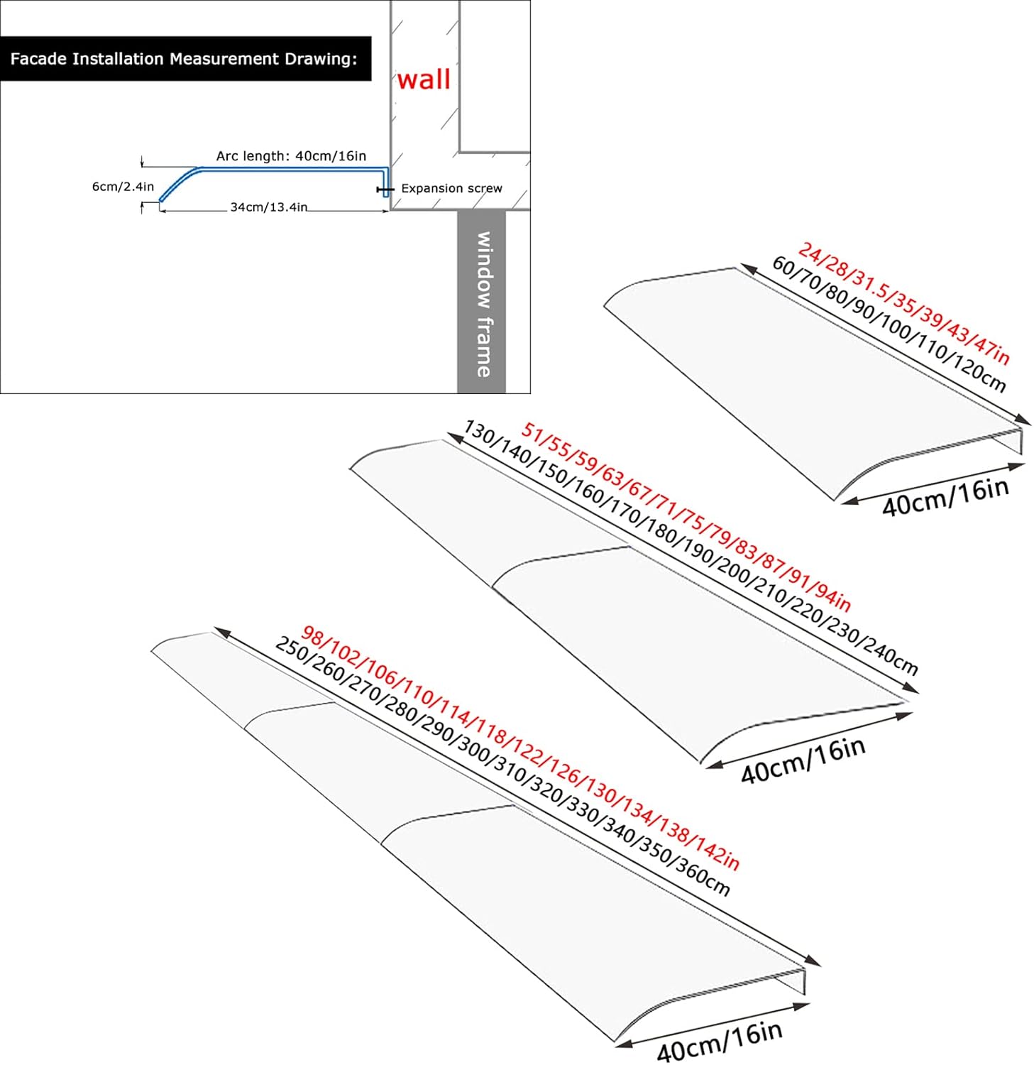 Modern Window Door Canopy Outdoor Awning,Window Rain Shelter Cover,Transparent Polycarbonate Cover Porch Awning Sun Shelter Garden Canopy Waterproof Uv Protection (40x110cm/16 x43)