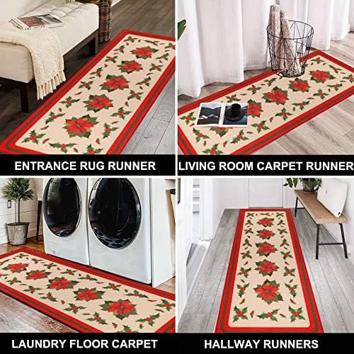 Homcomodar Christmas Runner Rug for Hallways 65x180cm Poinsettia Area Rug Runner Washable Non Slip Carpet Runner Floor Mat Non Shedding for Entryway Kitchen Sink Laundry Bedroom Holiday Decor