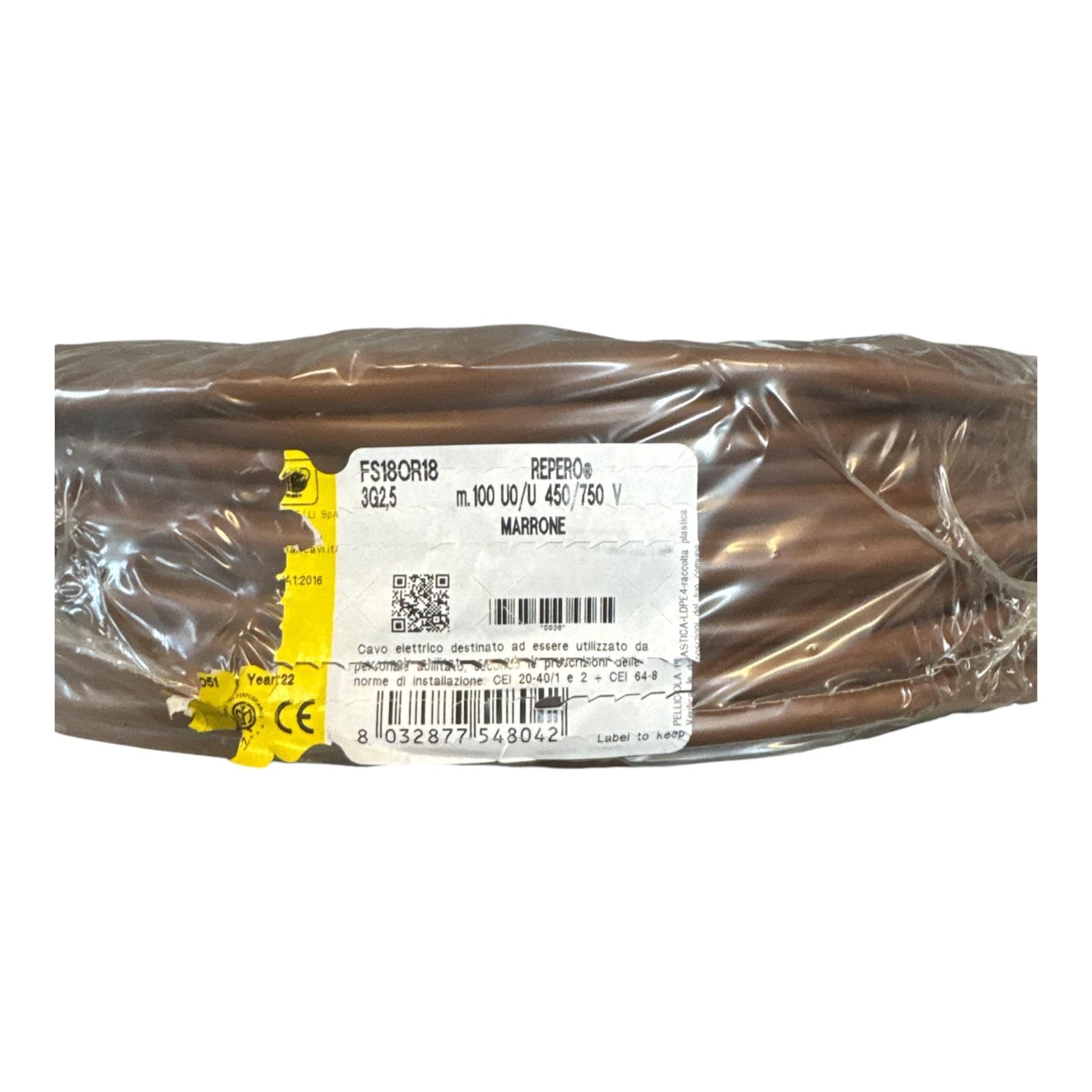 Cavo Elettrico FS18OR18 3G2,5 Marrone Multipolare Isolante, matassa 20 Metri