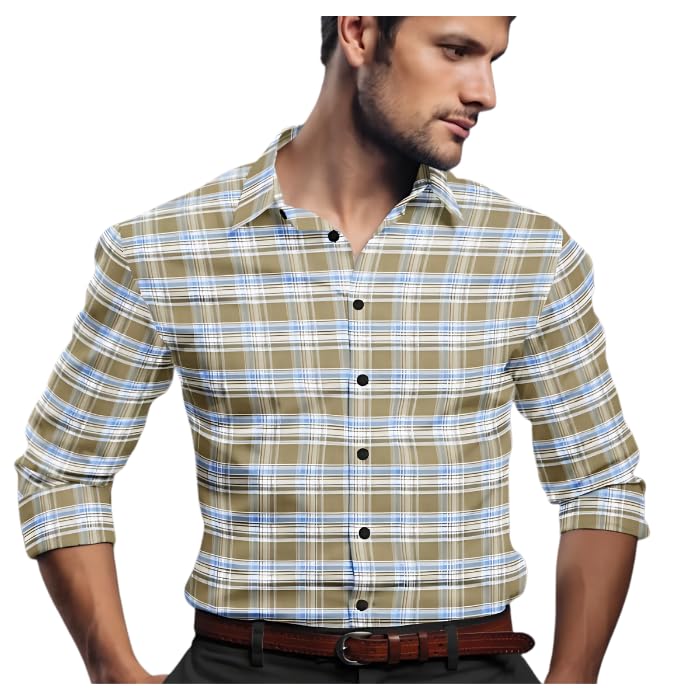 Cotton Unstitched Shirt Fabric for Men, Brown and Blue Plaid Checked Pattern -1.60m-image-21