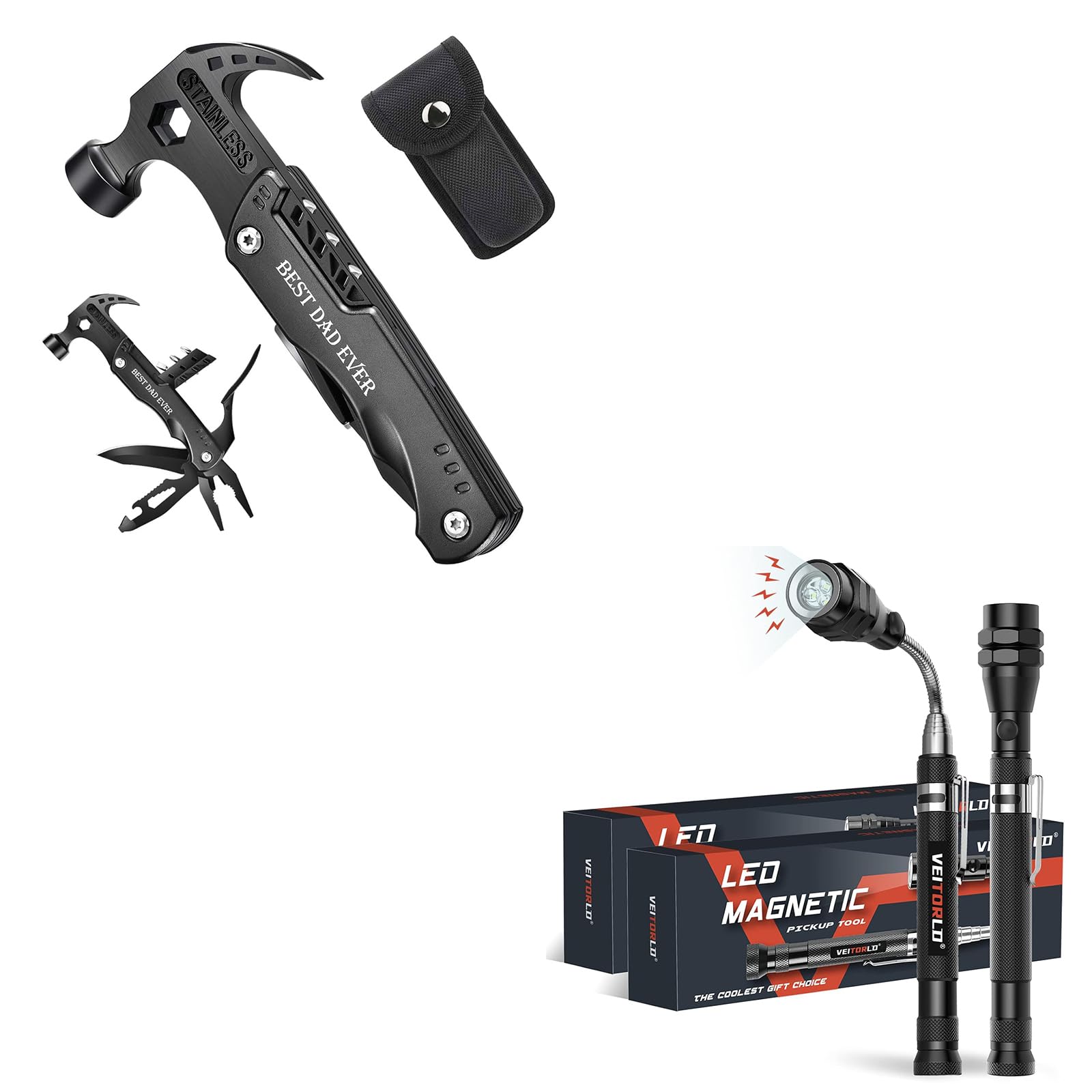 Veitorld2 Pack LED Telescoping Magnetic Pickup Tools, Survival Tools Hammer Multitool, Mens Stocking Stuffers for Adults, Mens Gifts for Christmas, Dad Gifts for Men