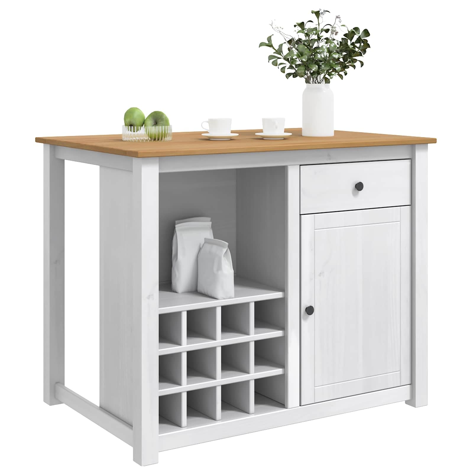 Chariot de Cuisine Panama 2 pcs Blanc et Cire de Miel en pin Massif, 112 x 77 x 90 cm, tiroir et Porte à charnières, îlot Roulant pour préparation Repas, Rangement