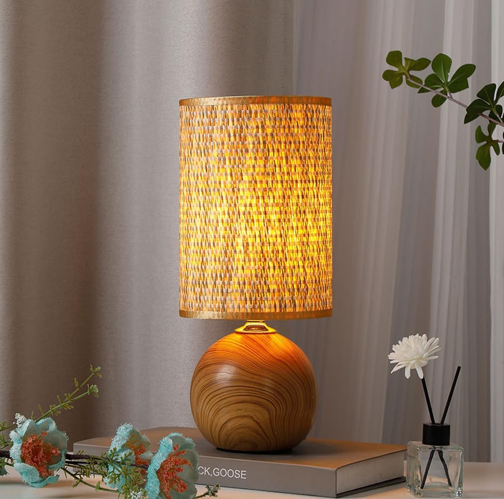 Small Boho Ceramic Table Lamp Woven Rattan Mid Century Table Lamp Brown Wood Coastal Bedside Table Lamp Vintage Rustic Nightstand Lamp for Bedroom Living Room Home Office Farmhouse