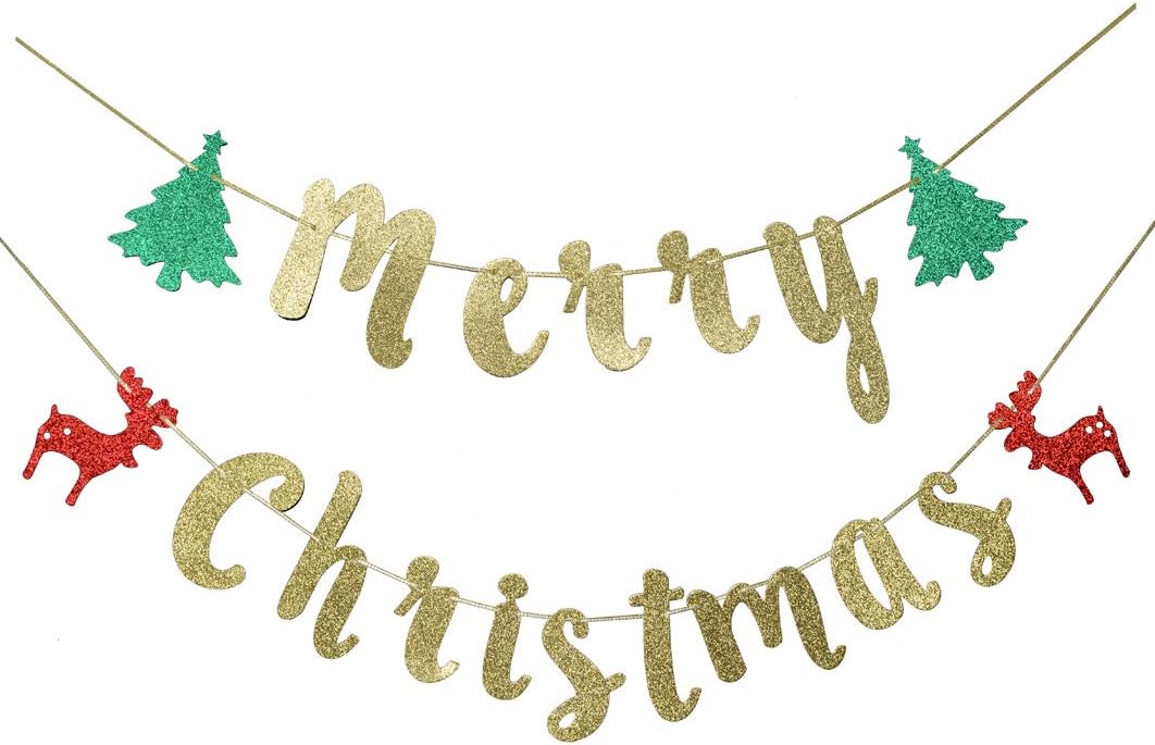Merry Christmas Glitter Gold Burlap, Reindeer Banner, Christmas Party Favors (Gold)