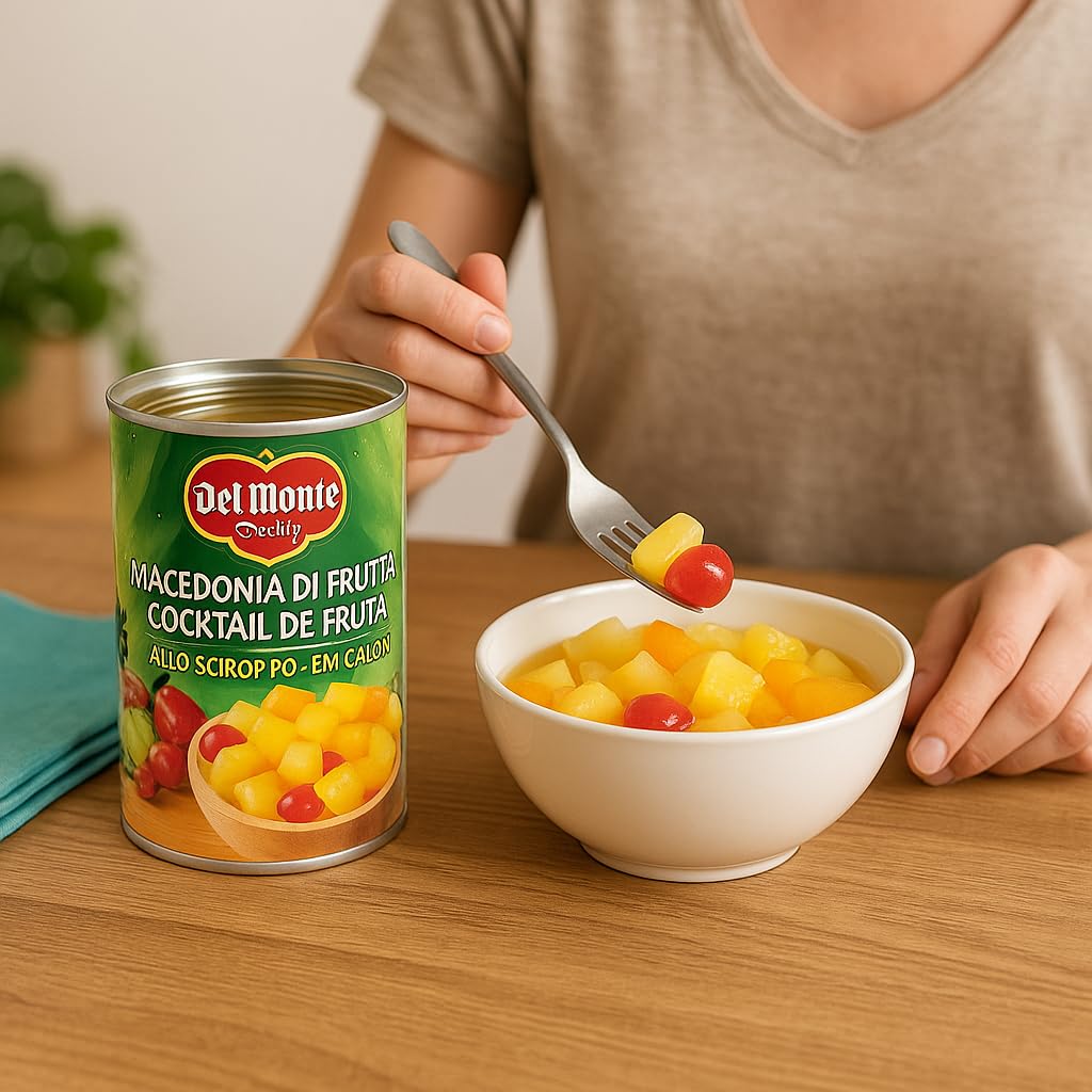 6X Macedonia di Frutta a pezzi in Sciroppo, Ananas, Pesche, Pere, Uva e Ciliegie, in Succo, Alta Qualità per del monte 420g