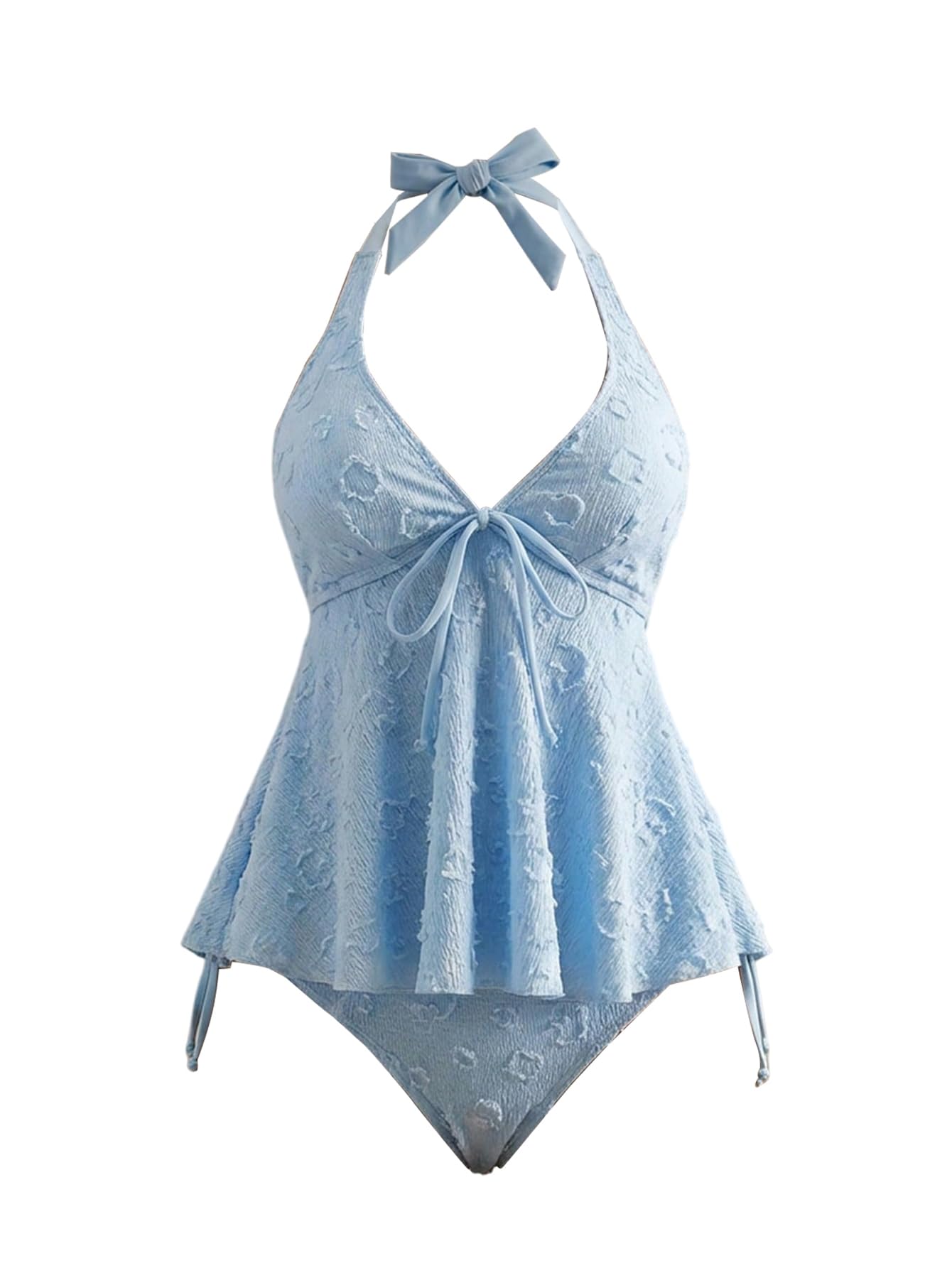 Photo 1 of Verdusa Women's 2 Piece Halter Tankini Set Textured Babydoll Tops with Panty Swimsuits Blue Large