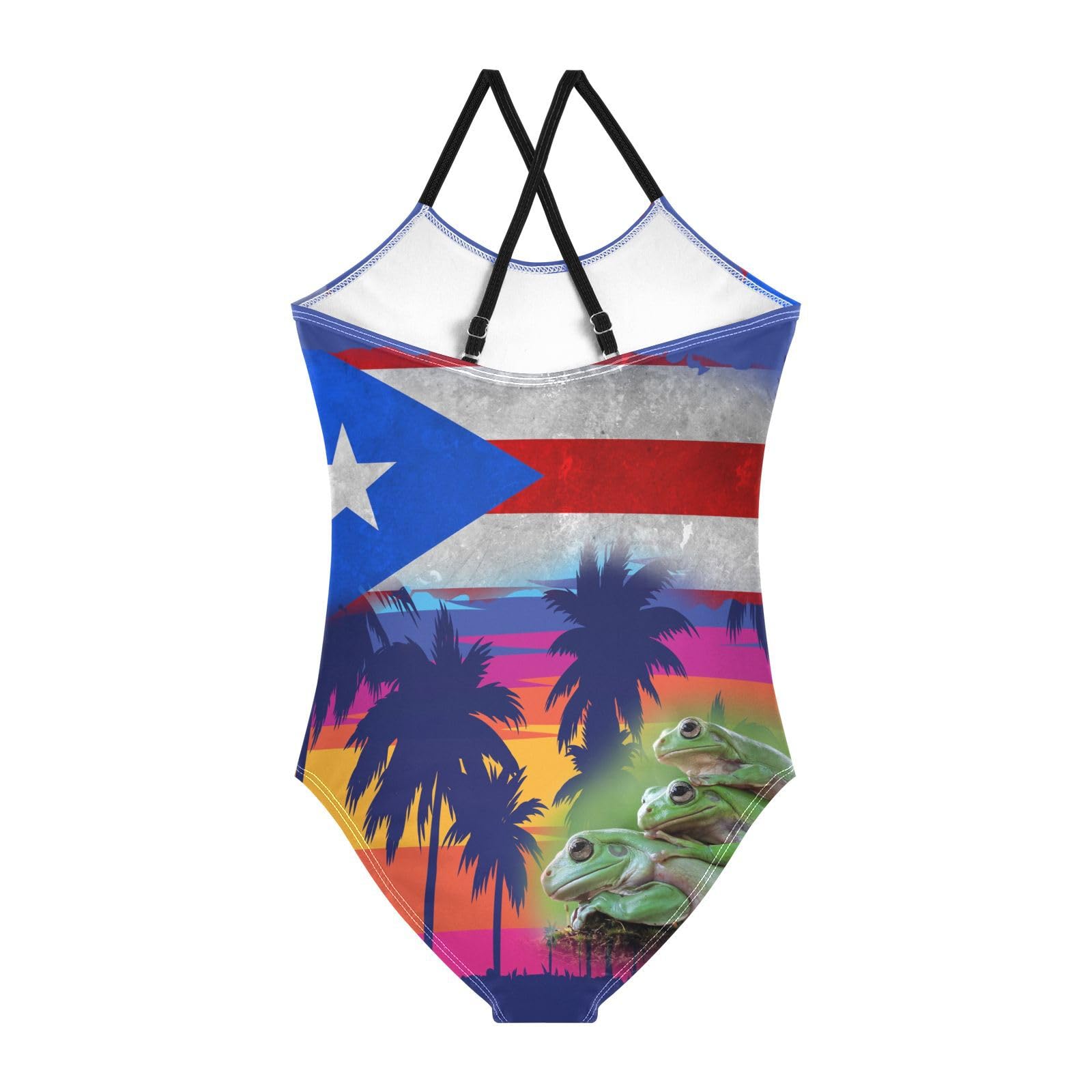 Puerto Rico Flag Frog Girls One Piece Swimsuits; 3-10 Years Halter Swimwear Beach Bathing Suit