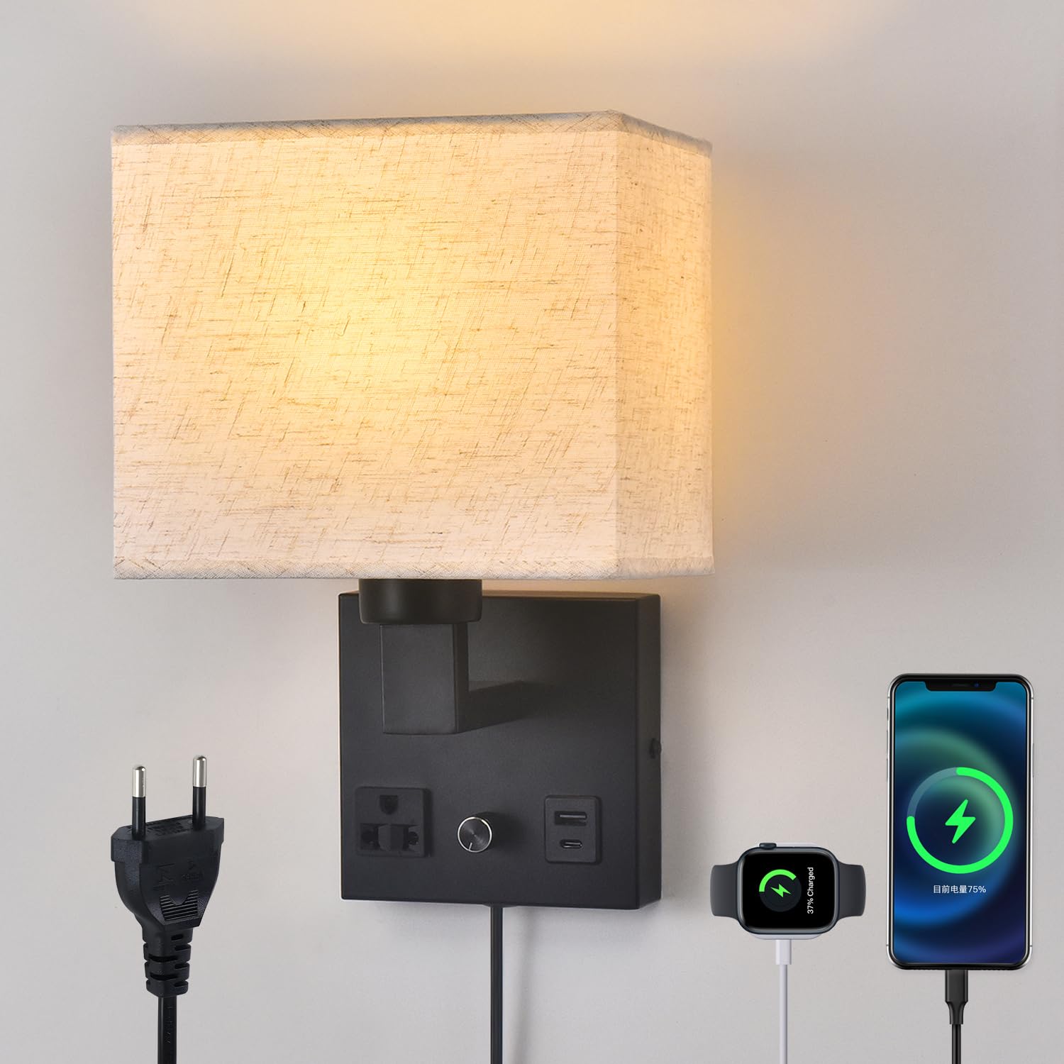 Lampa ścienowa do sypialni, lampa ścienowa do podłączenia - Przełącznik z regulacją jasności z gniazdem sieciowym i portem USB - Abażur z tkaniny - Czarna lampa ścienowa do salonu