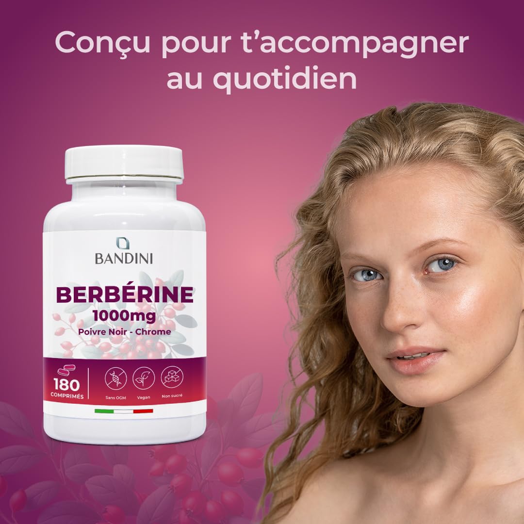 Bandini® Berberine 1000mg pure haut dosage | 180 comprimés de Berberin HCl | Berberis Aristata 97% + Chromium et Poivre noir | Absorption maximale | Fonction digestive, hépatique, intestinale