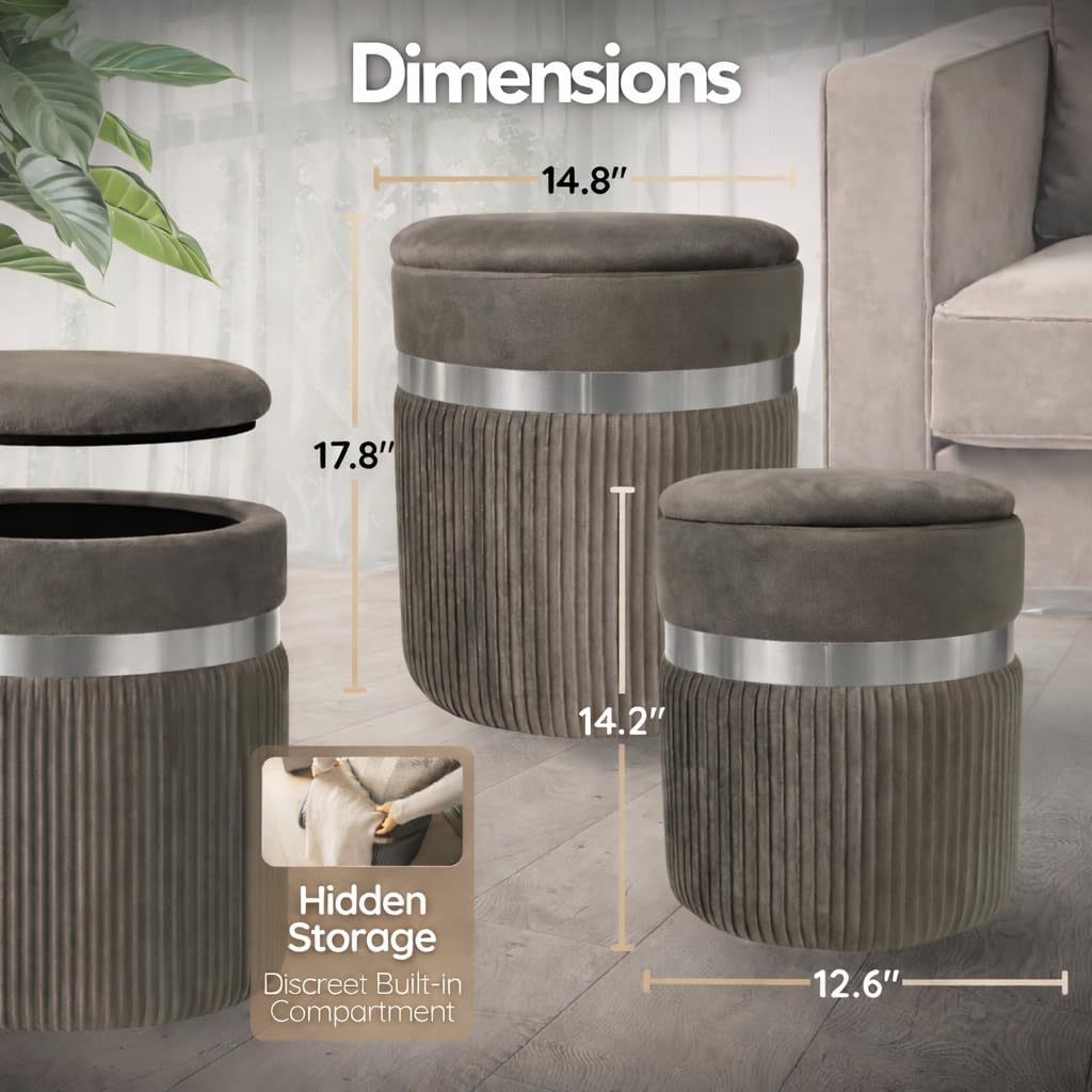 Round Storage Ottoman Set of 2 - Grey Ottoman with Storage for Living Room - Velvet Vanity Stool and Footrest - Round Nesting Ottoman Stools for Bedroom Makeup Area - Grey - Hidden Storage