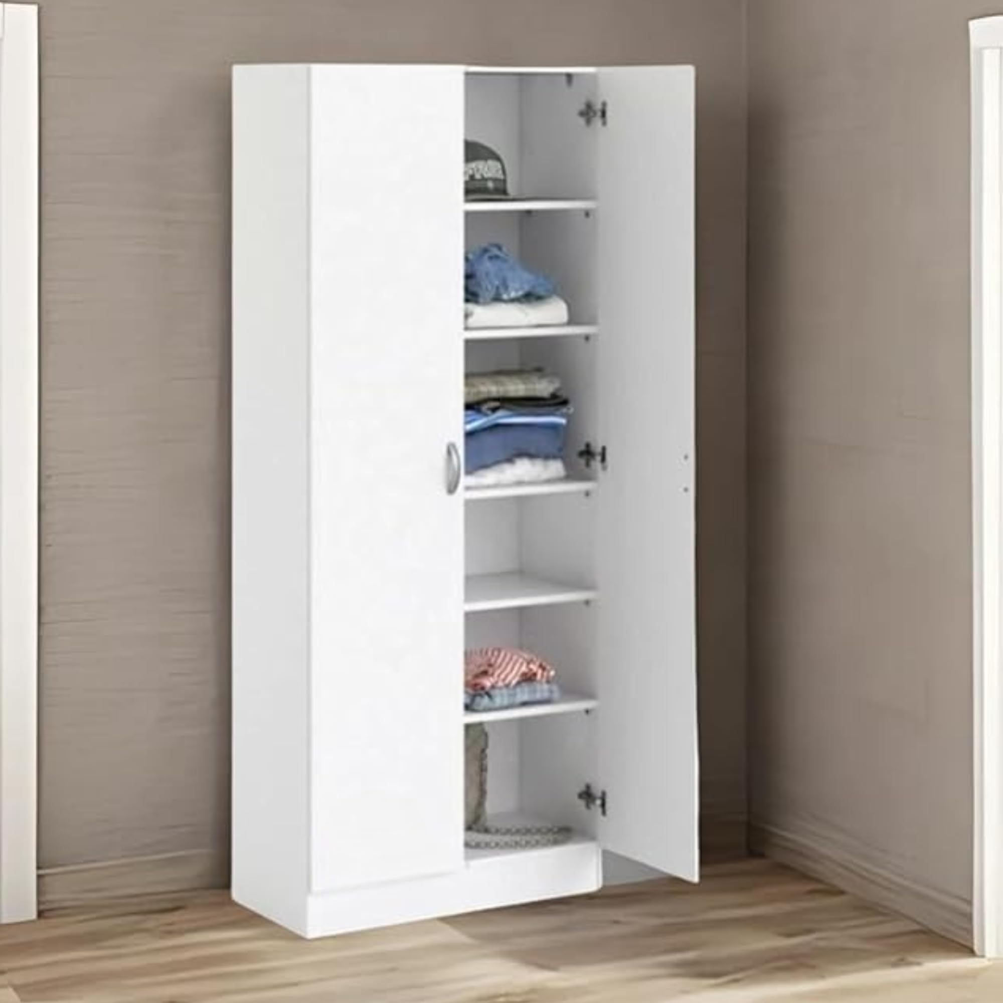 CASPIAN Furniture Super White Texture 2 Door Wardrobe/Cupboard with 6 Shelves | Wardrobe for Bedroom/Kitchen Organizer/Clothes Cabinet | Size 75 x 30 x 17 inches-image-33