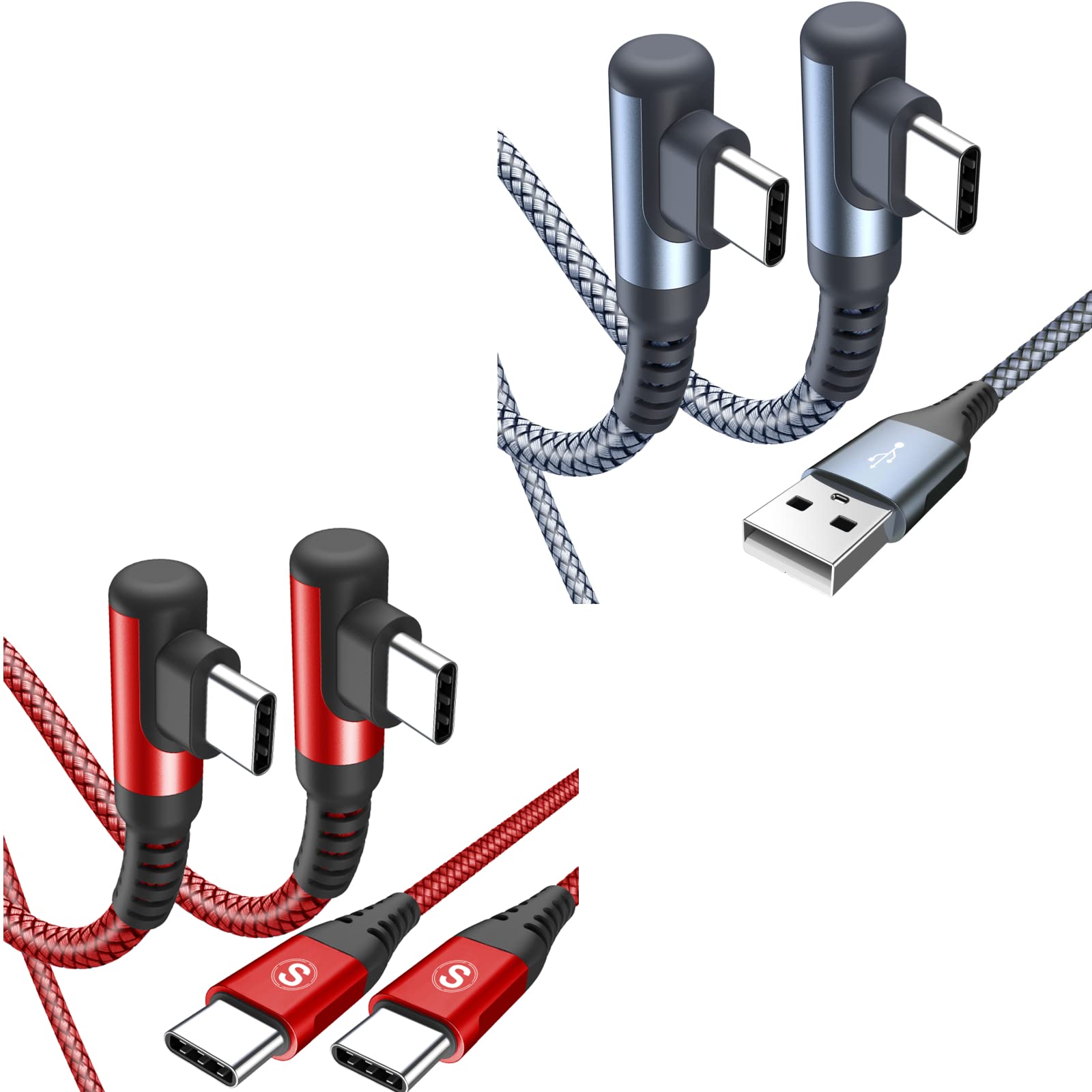 sweguard USB-A to USB-C Cable Right Angle [2-Pack 6.6ft] Grey & 60W USB-C to USB-C Cable Cable [2-Pack 6.6ft] Right Angle Red