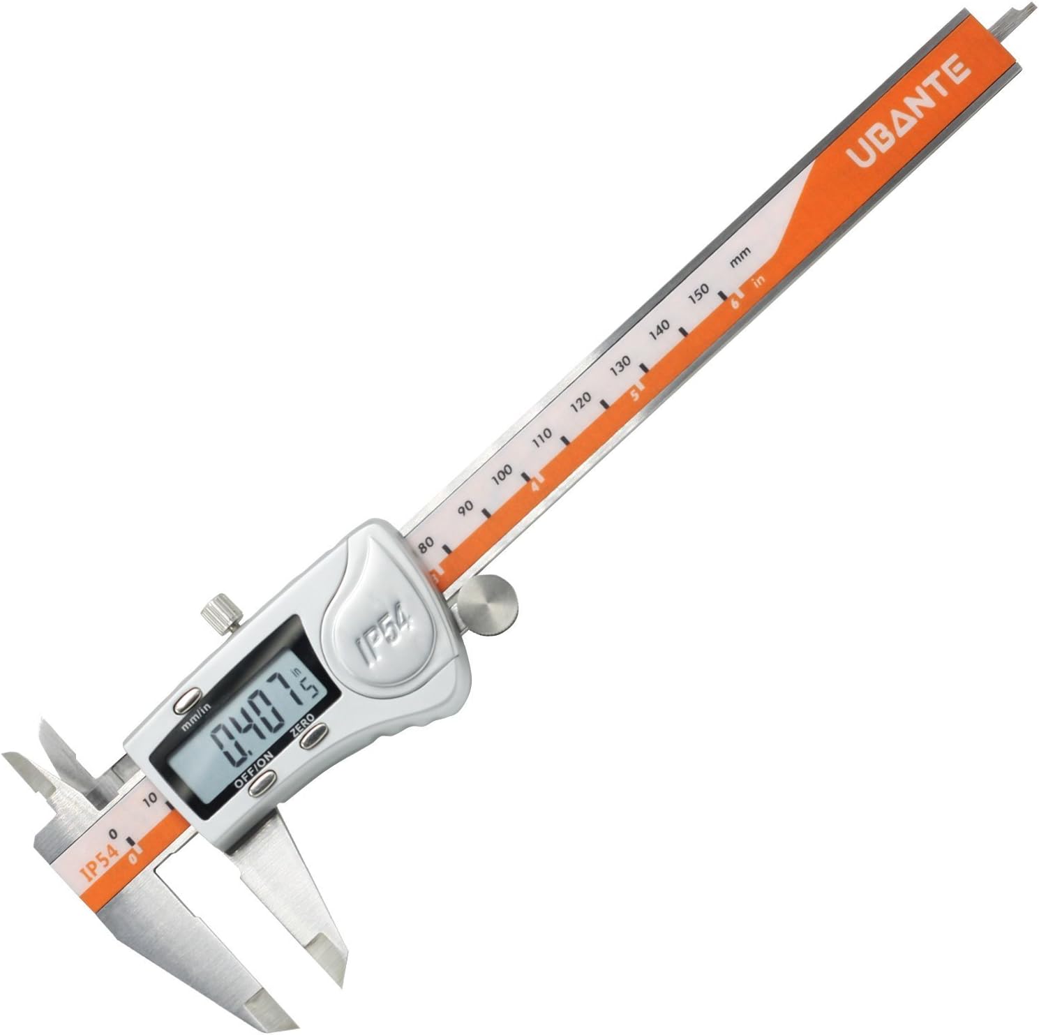 UBANTE IP54 Electronic Digital Caliper Inch/Metric Conversion 0-6 Inch/150 mm Stainless Steel Body Orange/Black Extra Large LCD Screen Auto Off Featured Measuring Tool