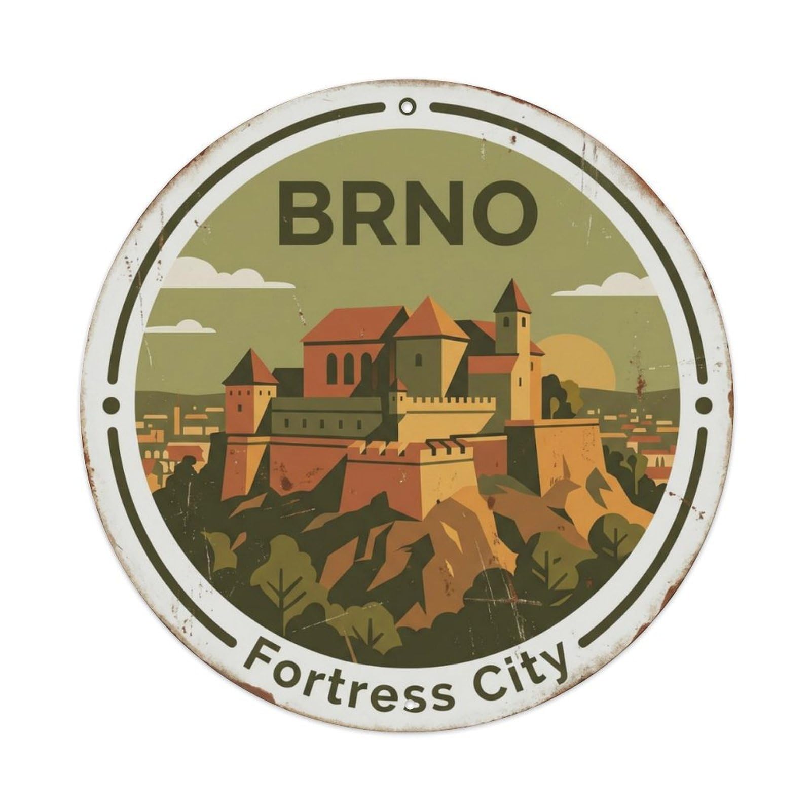 Vintage Travel Fortress Brno Hilltop Metal Tin Sign Plaque Wall Decor for Cafe, Club Bar, Office, Home Garden Round Metal Poster 8x8Inch