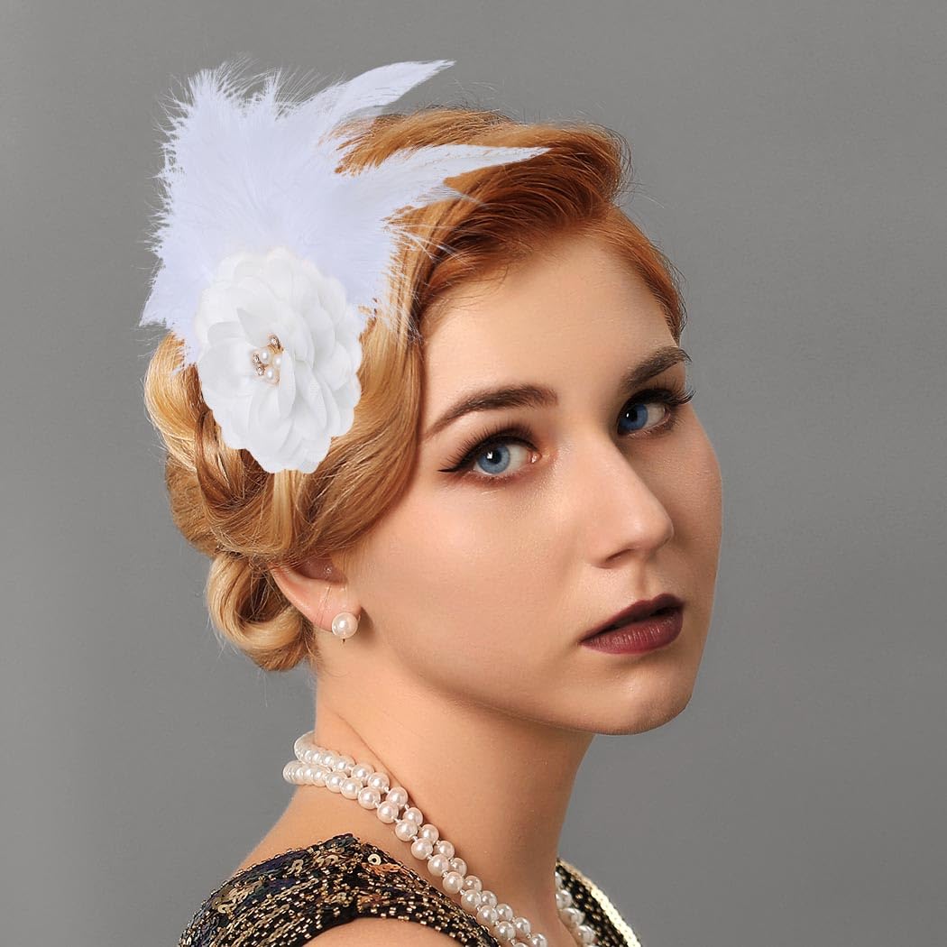 Flayem 1920s Feather Hair Clip Fascinator Gastby Flower Rhinestone Pearl Prom Costume Hair Accessory for Women (White-B) - Image 4