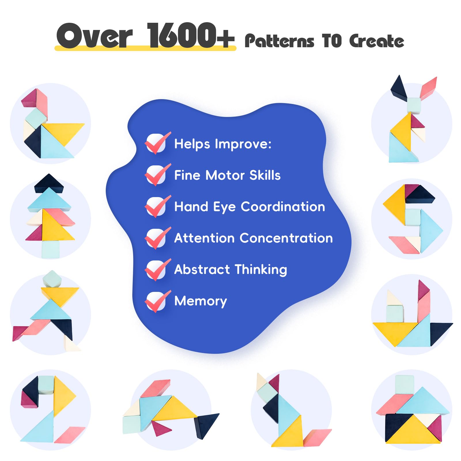 Tangram Square Puzzles Couch, Kids Play Sofa, 7pcs Foam Climbing Blocks with Ball Pit, Puzzle Solving Couch, 1600+DIY Creativing Playroom Furniture for Toddlers, Soft Play Activity Playset