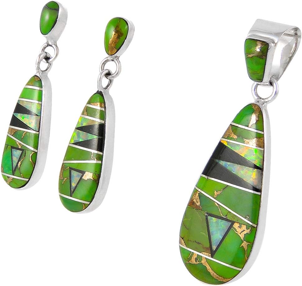 Matching Turquoise & Gemstones Set 925 Sterling Silver (Pendant, Earrings, Necklace 20") - Image 2