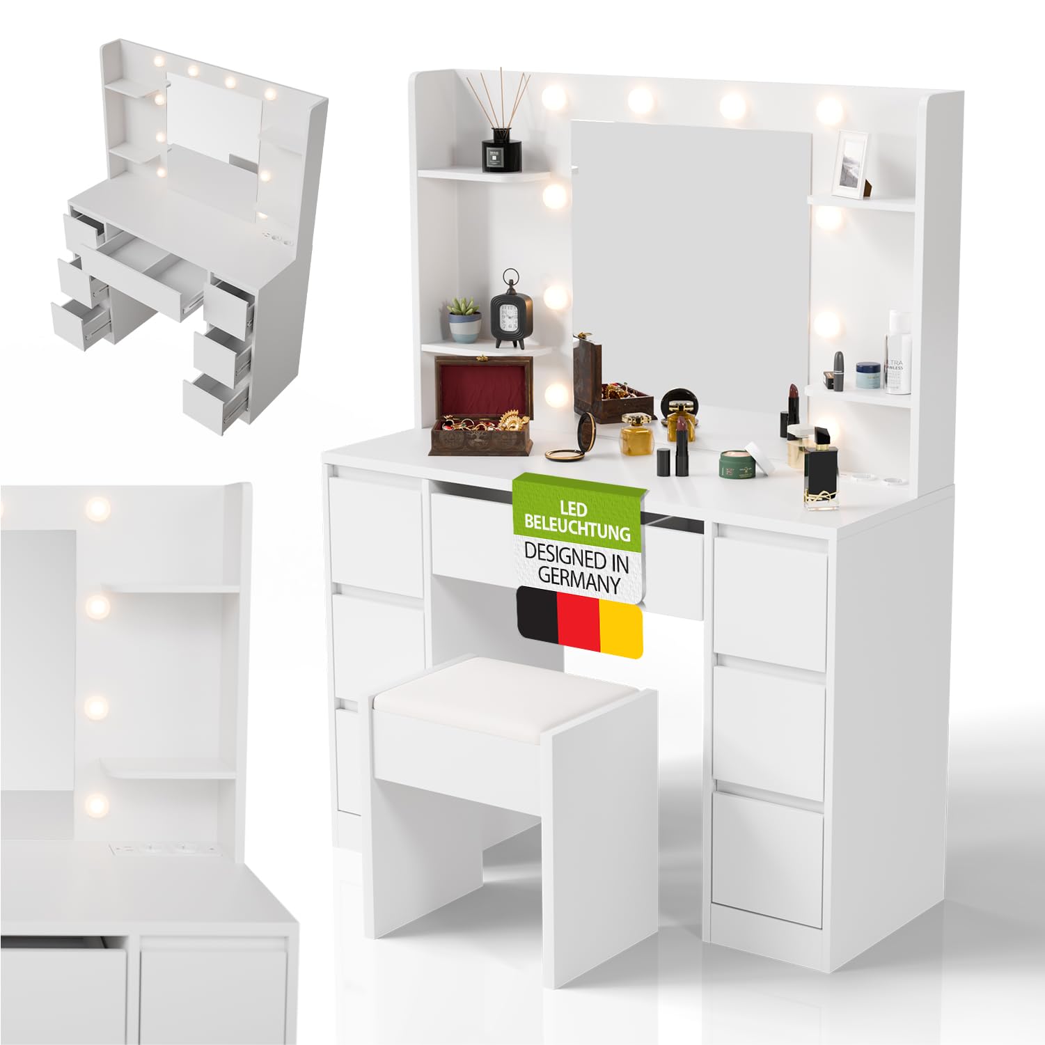 Juskys Schminktisch Malia mit LED-Spiegel und Hocker Melly – Weiß, 7 Schubladen