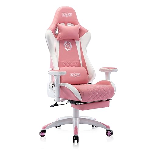 S*MAX Pink Gaming Chair with Footrest Thicken Seat Ergonomic Pink Gamer Chair with 3D Armrest PU Leather Headrest and Lumbar Support High Back Gaming Chair for Girls Pink White - Large - Pink