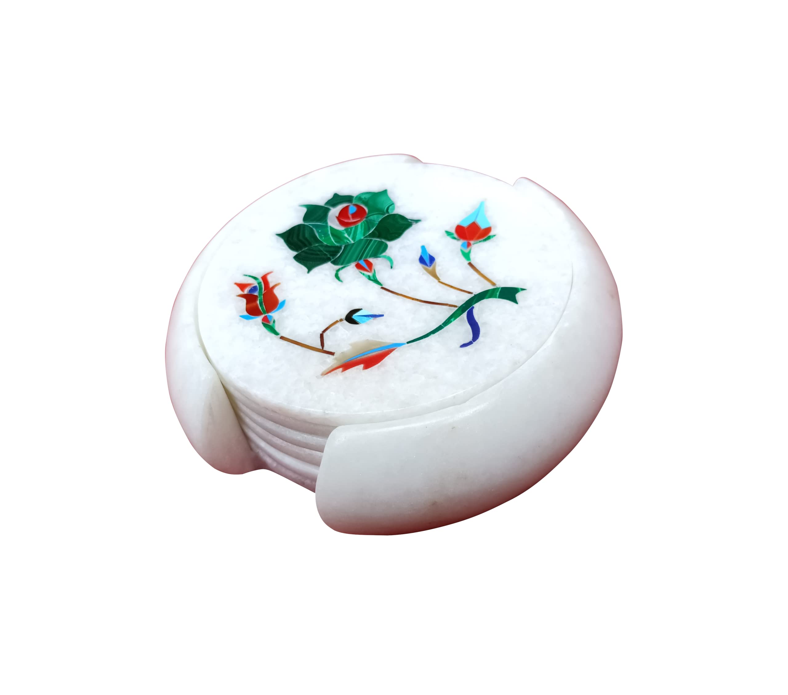 ArtEra Set di sottobicchieri in marmo con intarsio in pietre semipreziose (AE-09), multicolore (6 sottopentola con supporto, diametro 10,2 cm)