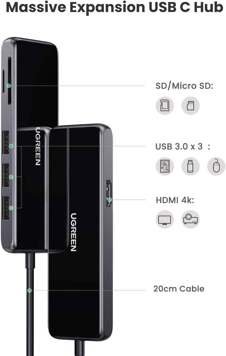 UGREEN USB C Hub USB C HDMI Adapter 4K 60Hz 6 in 1 Type C Hub to HDMI SD TF Card Reader 3 USB 3.0 Ports for MacBook Pro 2019 2018 2017 Galaxy Note 10 S10 S9 S8 Plus Chromebook XPS Aluminum