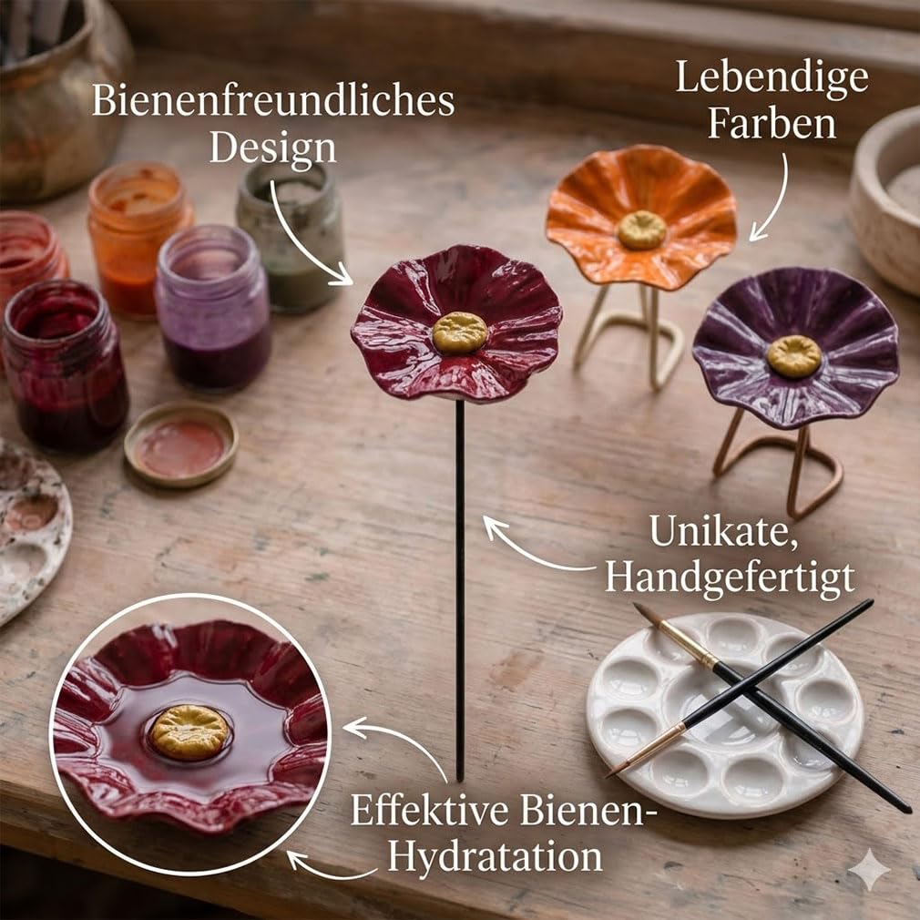 Handgemachte Bienenblüten Set – Handgemachte Insekten-Wassertränke für den Garten, Wetterfeste Keramikblüten als Dekoration und Bienenretter