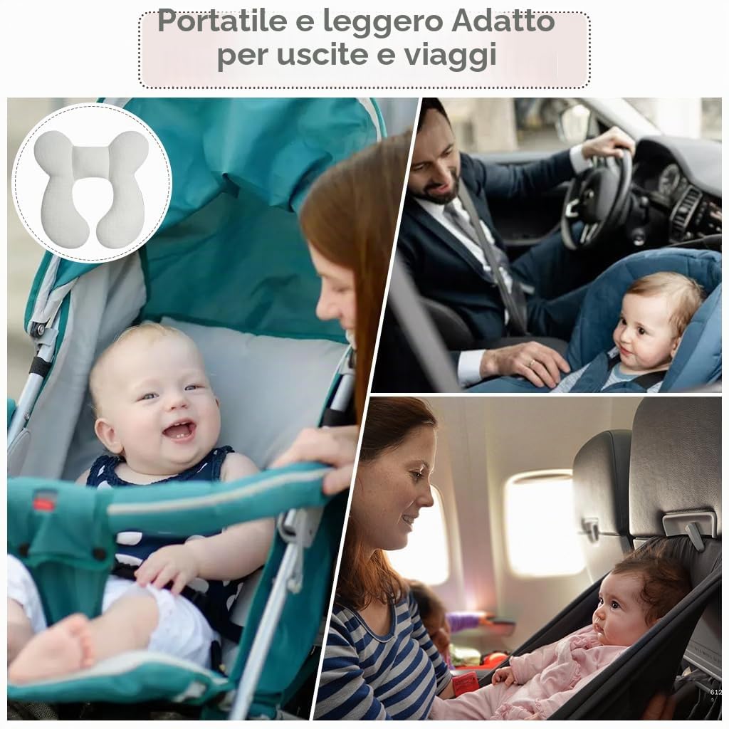 cuscino da viaggio per neonati con supporto per la testa (aggiornato), morbido cuscino in cotone per neonati per seggiolini auto e passeggini, bianco