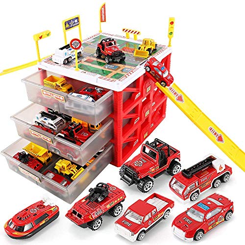 HANMUN Car Garage Fire Engine Toy Car Storage Parking Lot with Slides for Vehicles Firefighter Role Play Toys Organizer Box Gift Idea for 3 4 5 Year Old Boy Girl (with 6 Diecast Vehicles ) â€¦