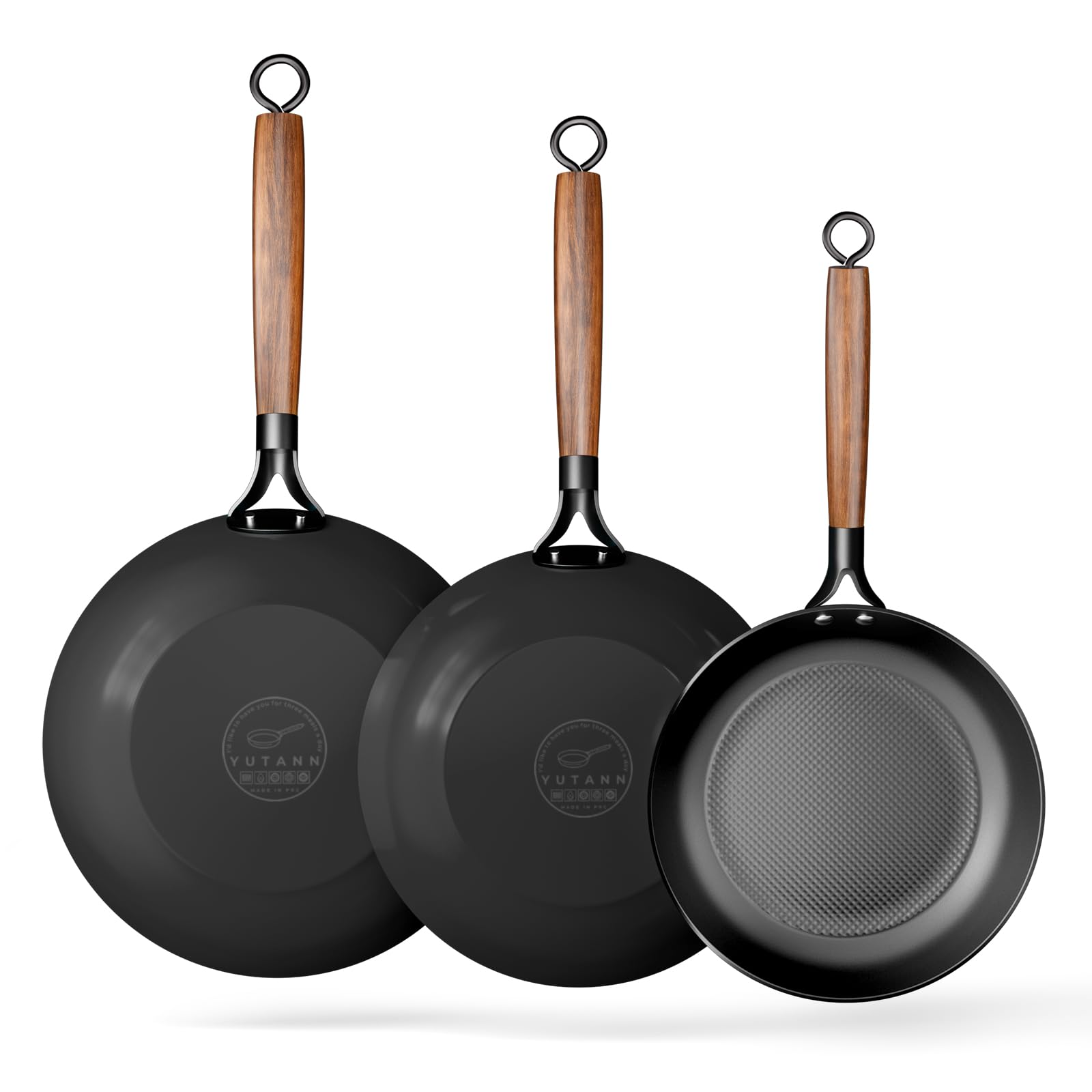 YUTANN Gusseisenpfannen Set 3-teilig, Bratpfannen aus Massivem Gusseisen | Pfannen Ø 20, 24 und 28 cm, Gleichmäßige Wärmeverteilung für Induktion, Gas, Elektro und Glaskeramik Geeignet